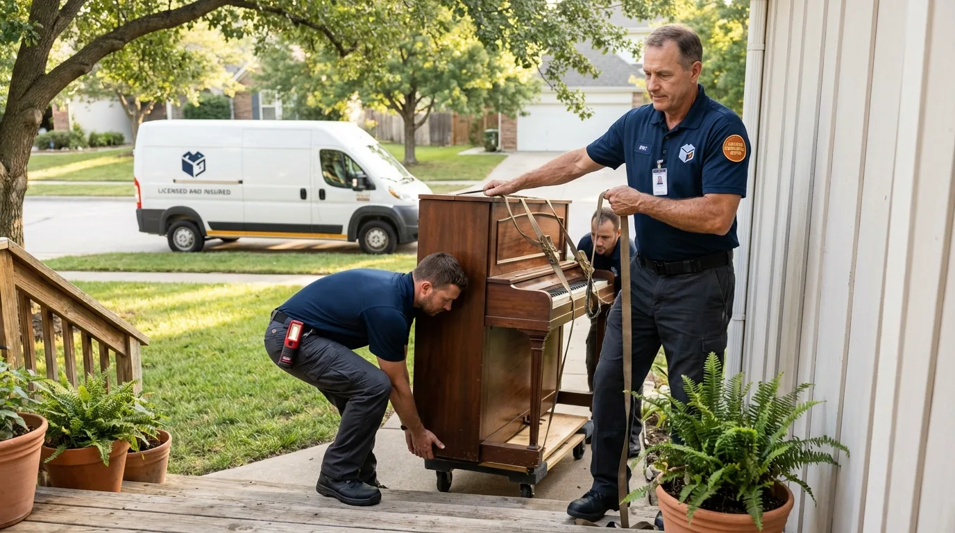 Licensed piano movers securing grand piano in Lancaster, MA