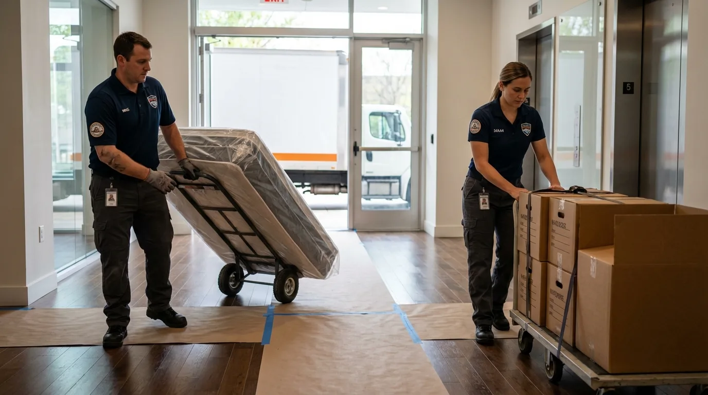 Professional apartment movers loading elevator in Lancaster, MA